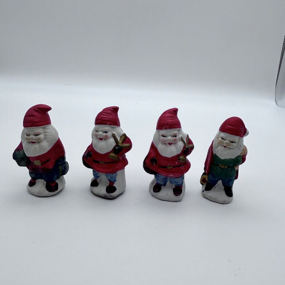 Vtg set of Santa Claus Gnome Christmas Figure 3” Porcelain Figurine (set of 4)